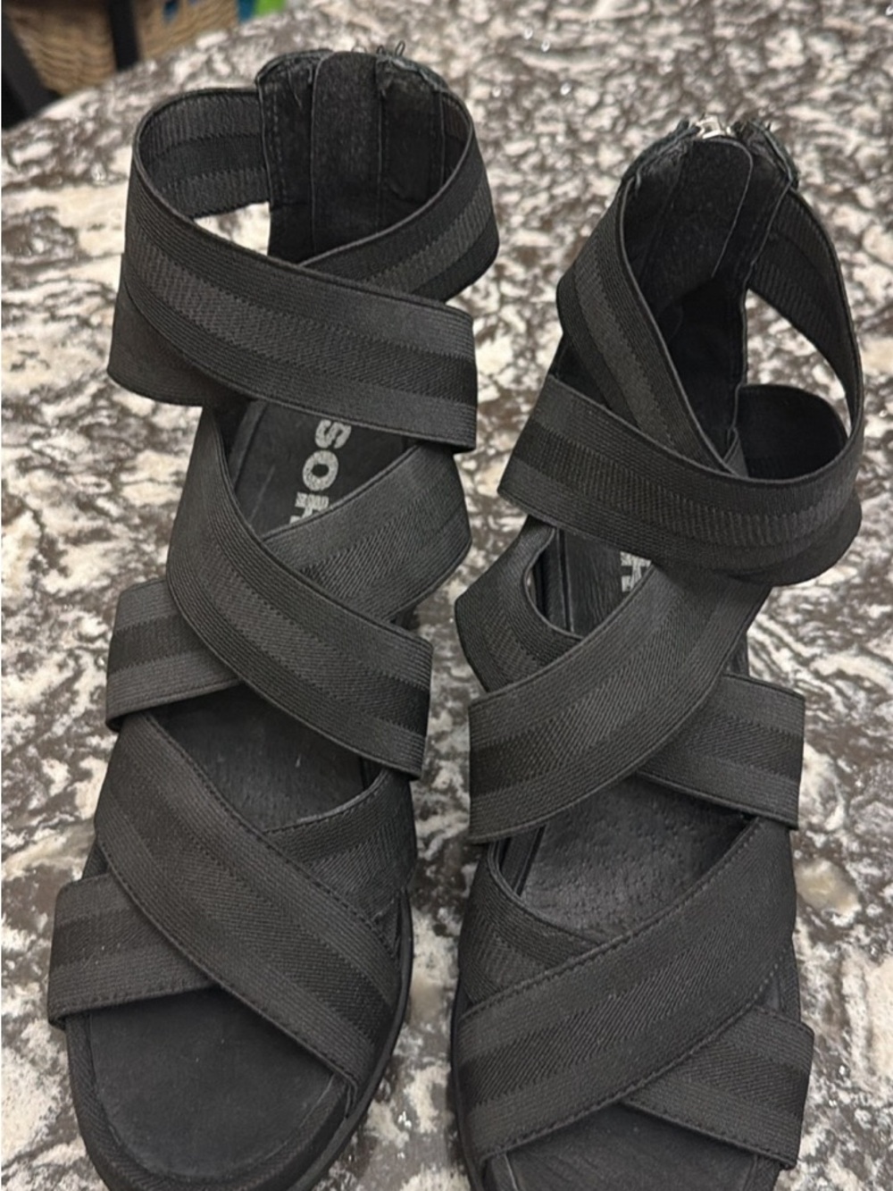 Sorel Black Crisscross Elastic Wedge Sandals
